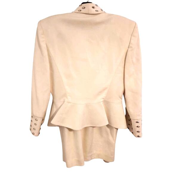 Vintage Chetta B Cream Skirt Suit Silver Grommet Trim Power Blazer & Skirt Sz 8 - Picture 7 of 8